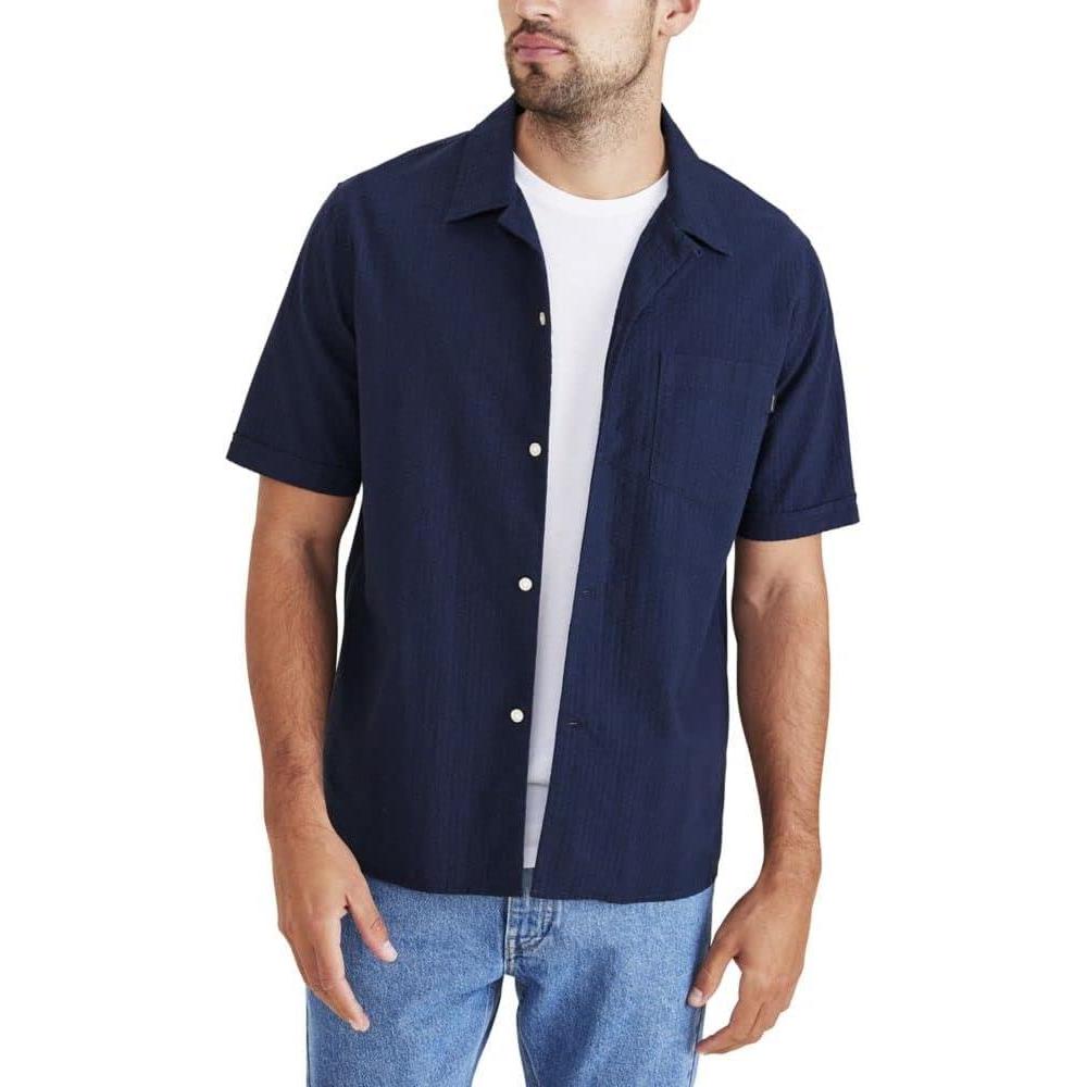 imageDockers Mens Regular Fit Short Sleeve Camp Collar ShirtNavy Blazer  Solid Seersucker