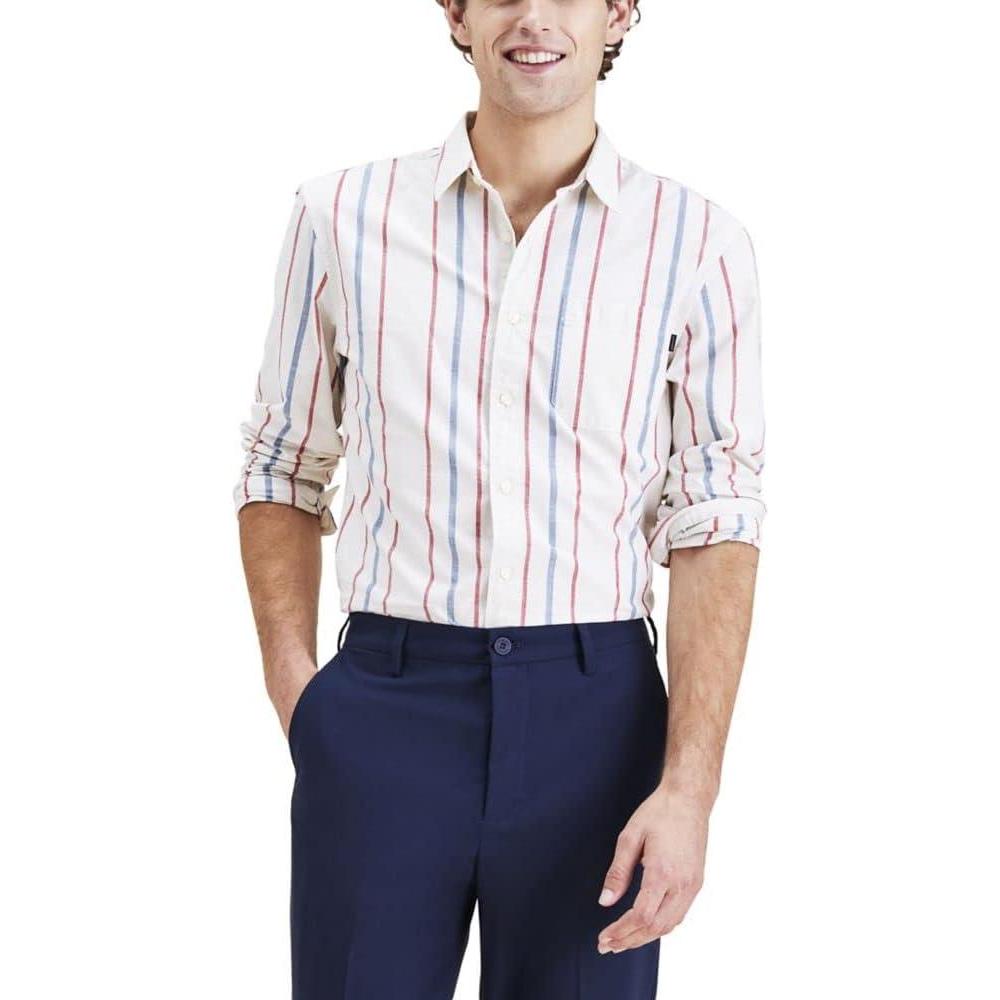 imageDockers Mens Regular Fit Long Sleeve Casual Shirt Regular and Big ampamp TallCherry Bomb Red  Laguna Stripe Slub