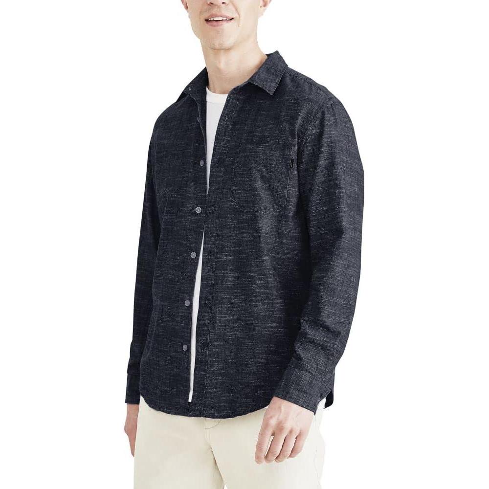 imageDockers Mens Regular Fit Long Sleeve Casual Shirt Regular and Big ampamp TallDark Blue Wash  Solid Chambray