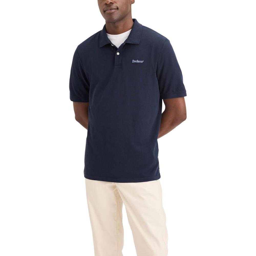 imageDOCKERS Mens Regular Fit Short Sleeve Performance Pique PoloNew Dockers Serif Navy Blazer Bel Air Blue Embroidery