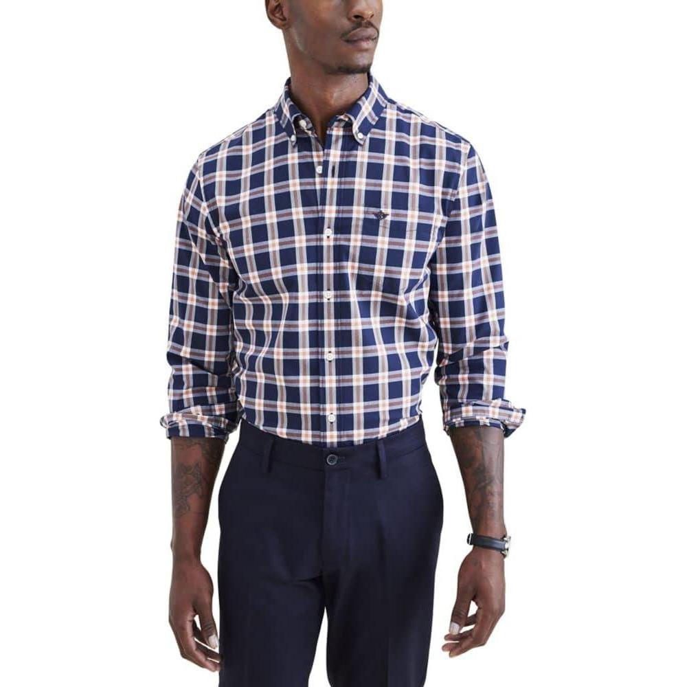 imageDockers Mens Classic Fit Long Sleeve Signature Comfort Flex Shirt Standard and Big ampamp TallDusted Clay Orange  Coyote Windowpane