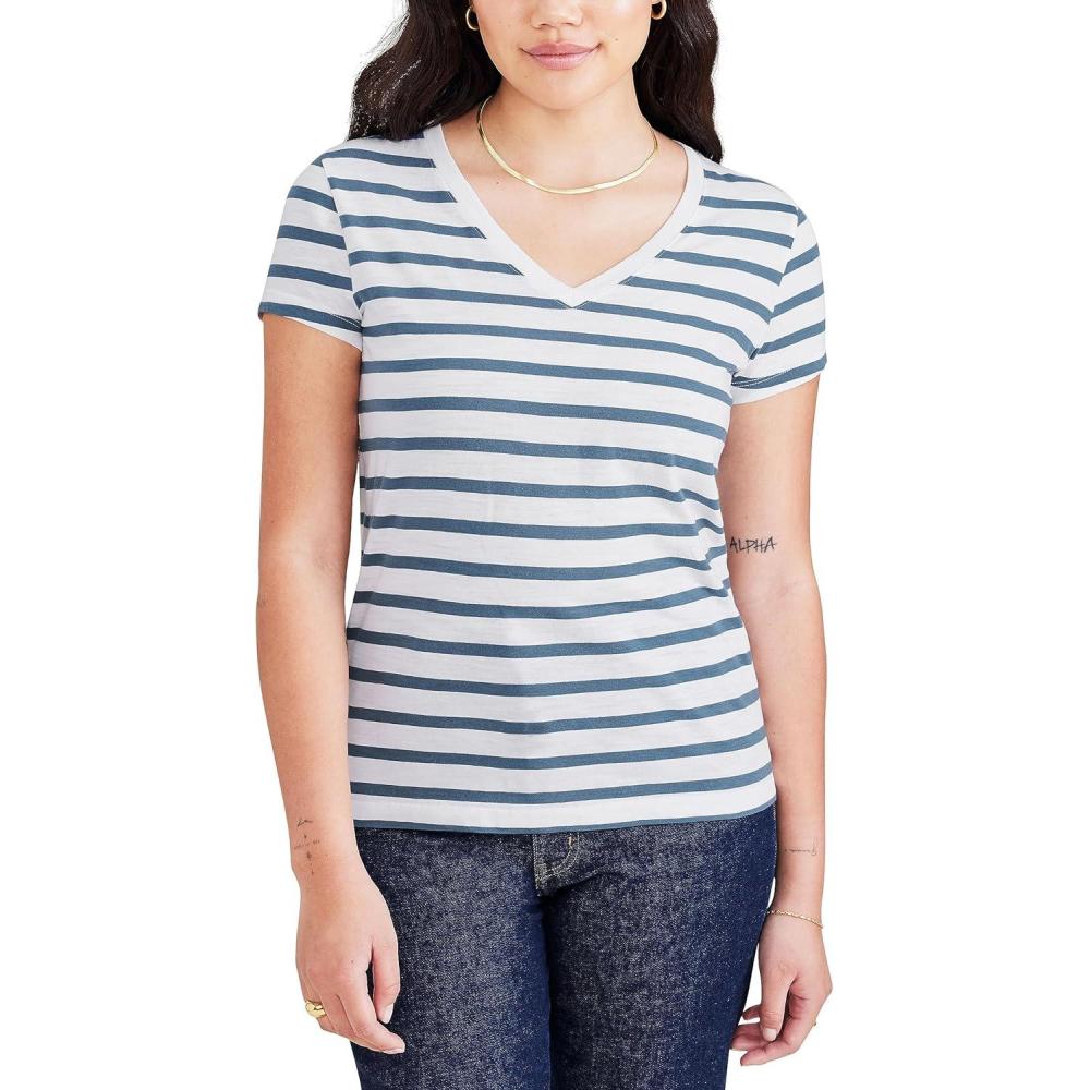 imageDOCKERS Womens Slim Fit Short Sleeve Favorite VNeck Tee ShirtBlue Fusion  Montara Stripe