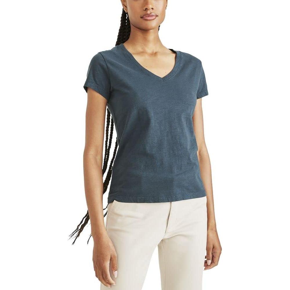 imageDOCKERS Womens Slim Fit Short Sleeve Favorite VNeck Tee ShirtMagical Forest Teal