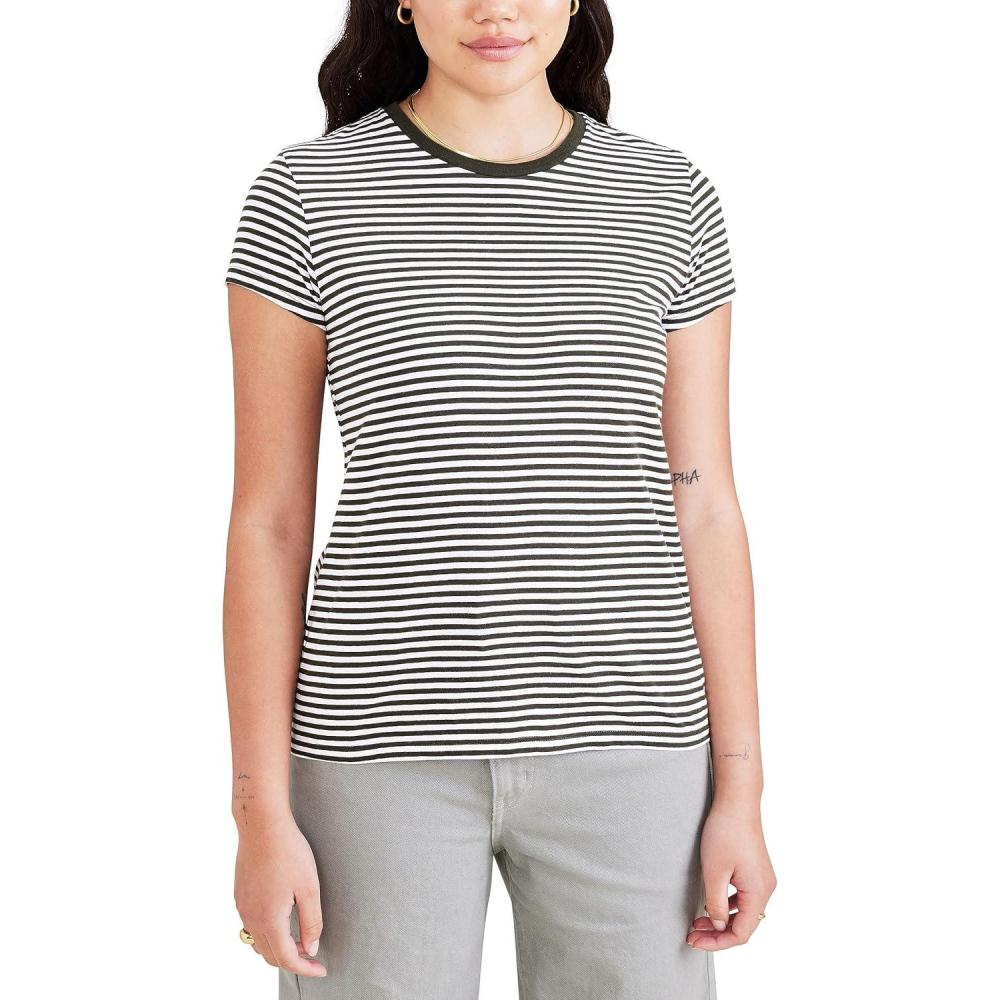 imageDockers Womens Slim Fit Cotton Slub Jersey Favorite Crew TShirtForest Night Stripe