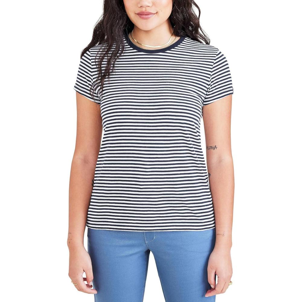 imageDockers Womens Slim Fit Cotton Slub Jersey Favorite Crew TShirtNavy Blazer Stripe