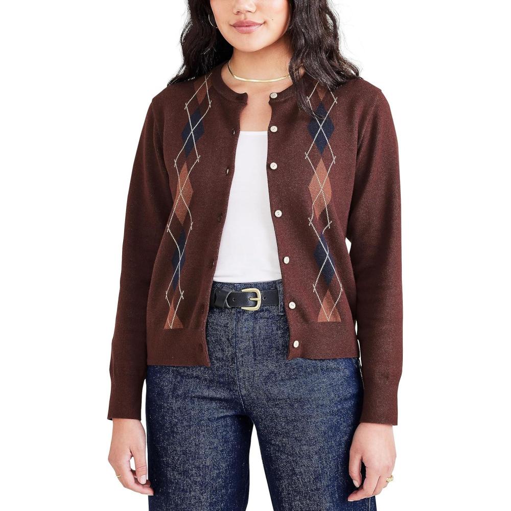 imageDOCKERS Mens Regular Fit Long Sleeve Cardigan SweaterDecadent Chocolate Brown  Argyle