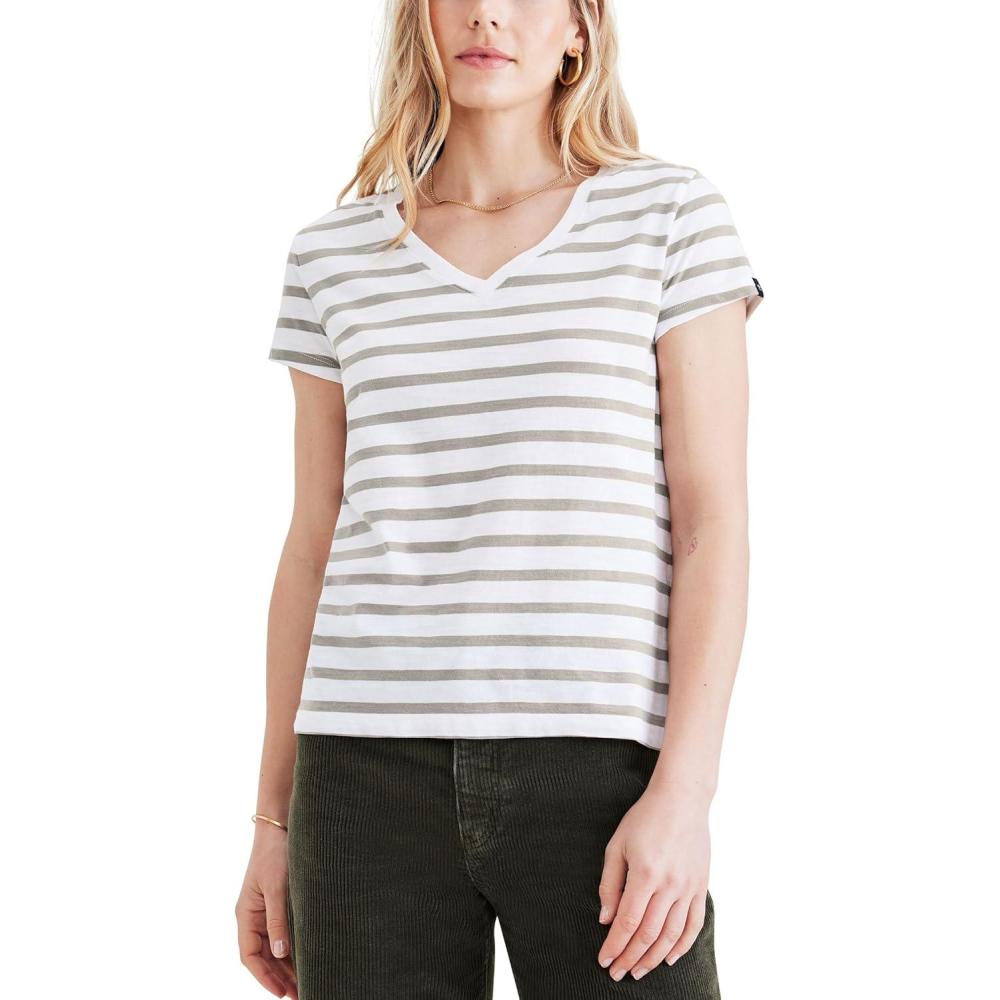 imageDOCKERS Womens Slim Fit Short Sleeve Favorite VNeck Tee ShirtForest Fog Green Stripe
