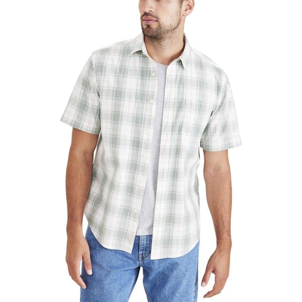 imageDOCKERS Mens Regular Fit Short Sleeve Casual Shirt Standard and Big ampamp TallGreen Milieu Plaid