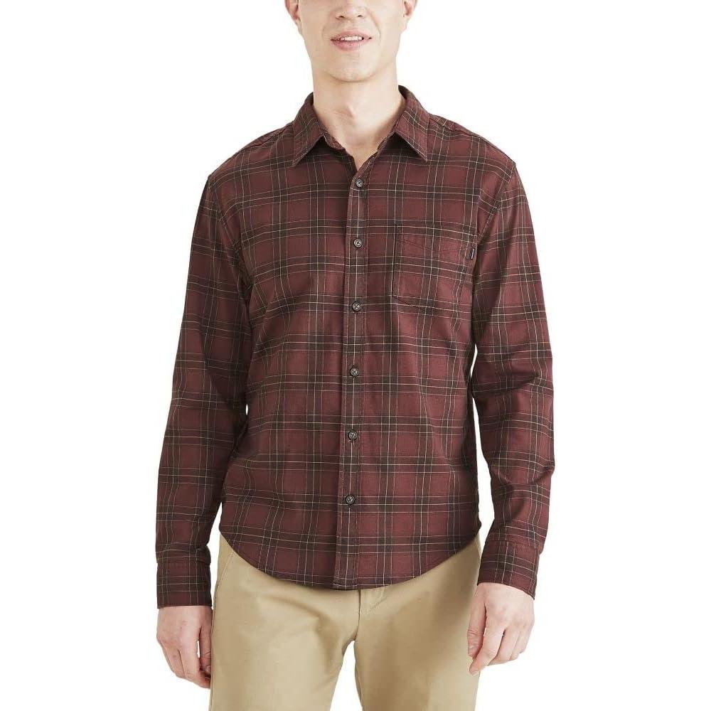 imageDockers Mens Regular Fit Long Sleeve Casual Shirt Regular and Big ampamp TallBitter Chocolate Burgundy Plaid