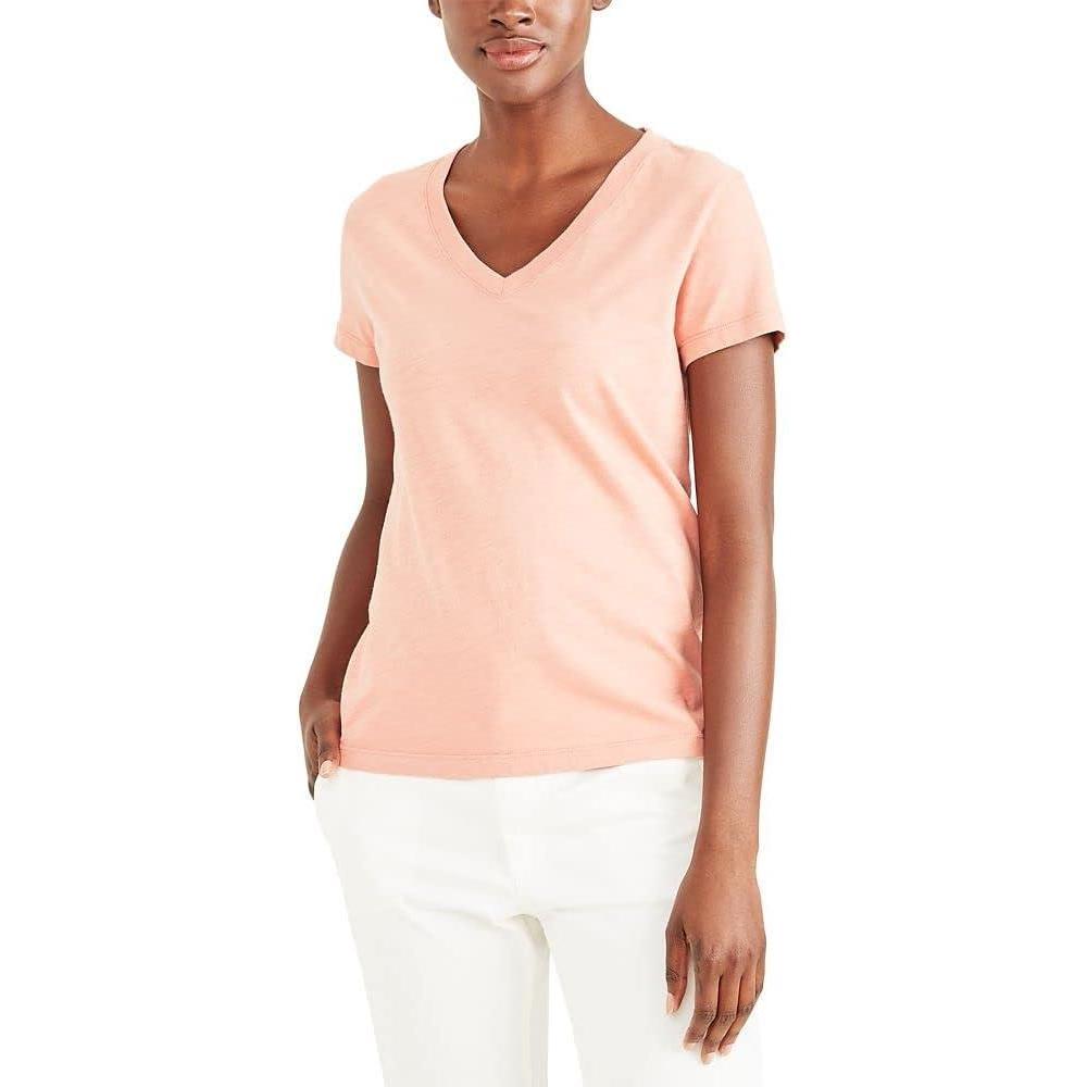 imageDOCKERS Womens Slim Fit Short Sleeve Favorite VNeck Tee ShirtRose Dawn