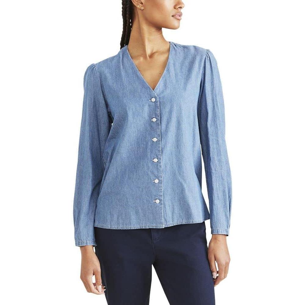 imageDockers Womens Classic Fit Long Sleeve VNeck ShirtLight Wash Blue  Chambray Print Twill