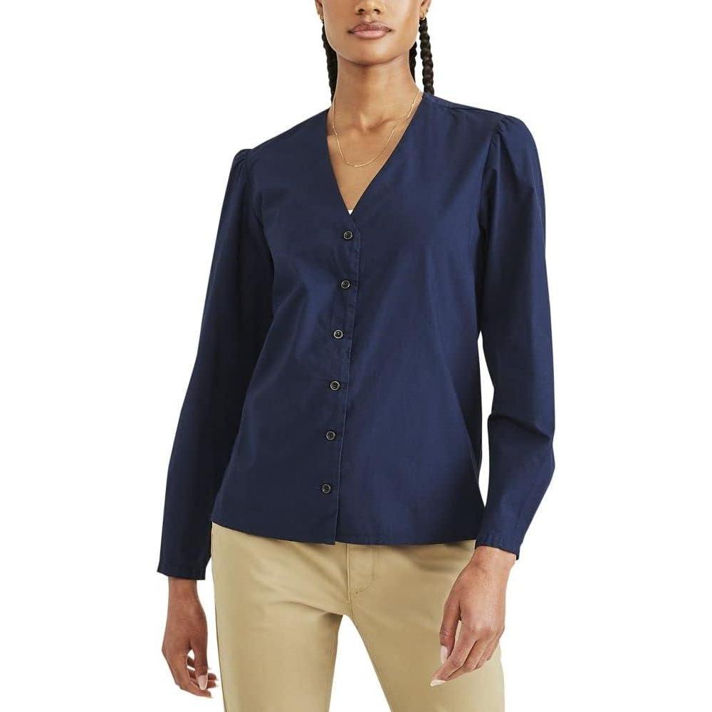 imageDockers Womens Classic Fit Long Sleeve VNeck ShirtNavy Blazer  Solid Poplin