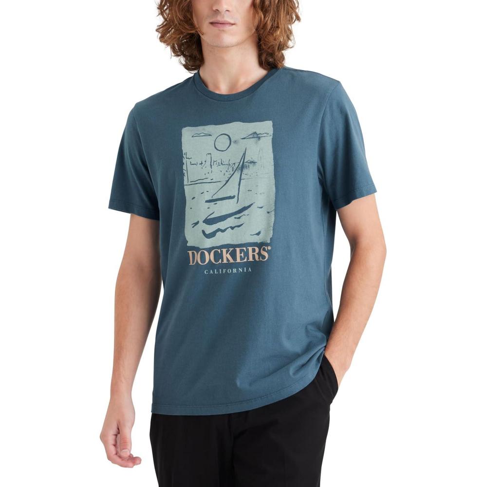 imageDockers Mens Slim Fit Short Sleeve Graphic Tee ShirtCity By the Bay Indian Teal