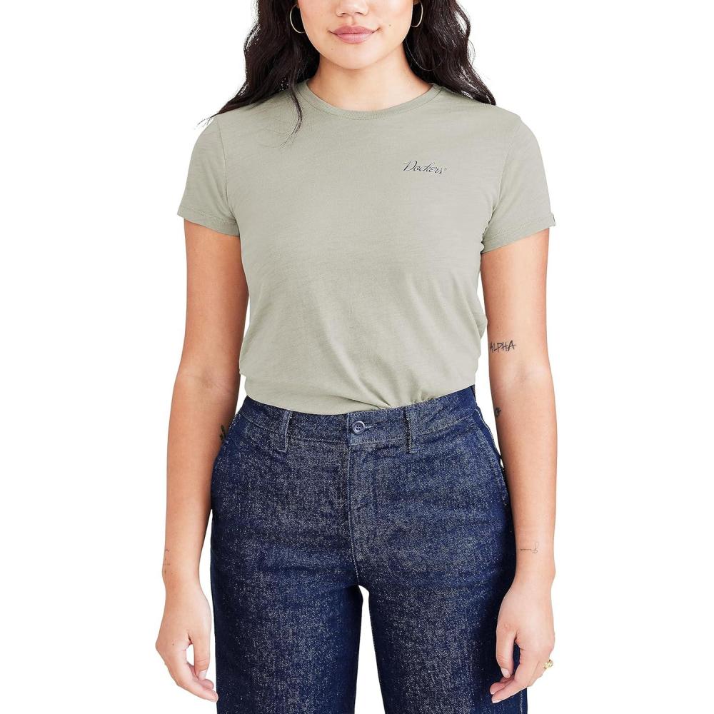 imageDockers Womens Slim Short Sleeve Graphic Tee ShirtForest Fog  Navy Blazer Dockers Script