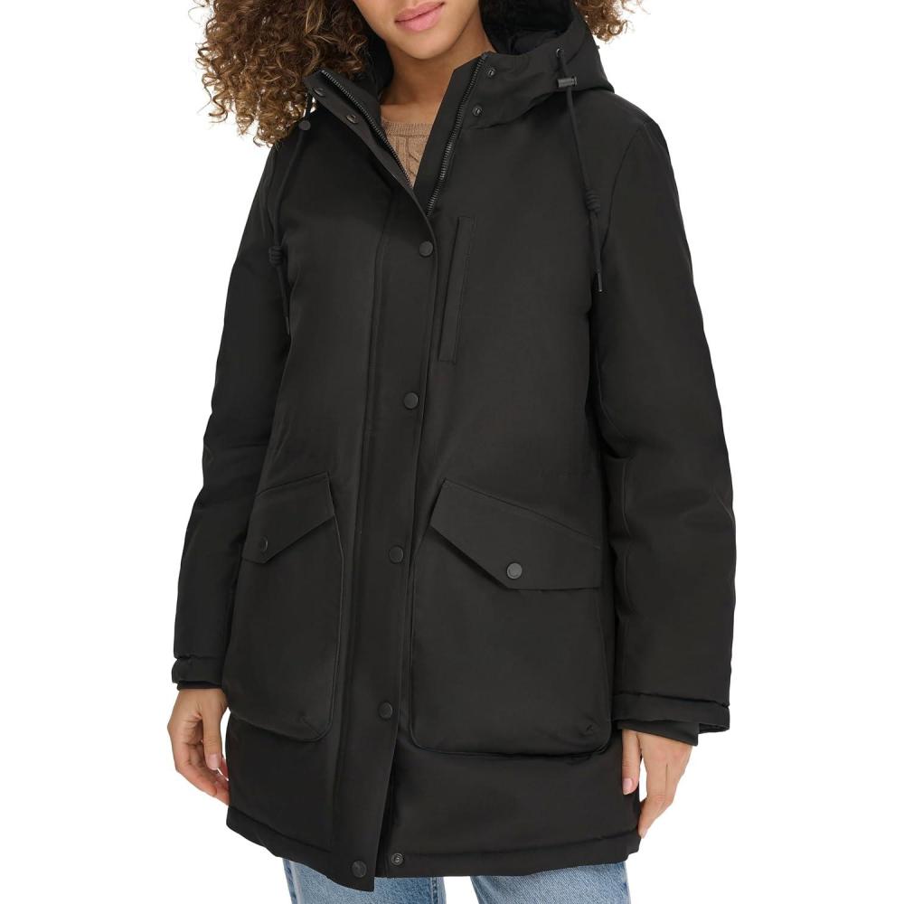 imageDOCKERS womens Cinched Waist Hooded Parka Jacket With Quilted InteriorBlack