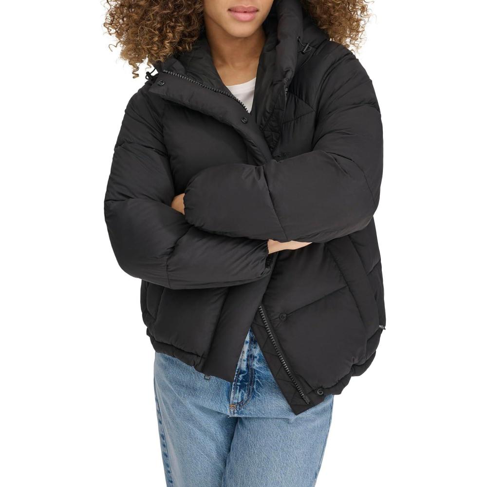 imageDOCKERS womens Water Resistant Quilted Bubble Puffer Jacket With HoodBlack