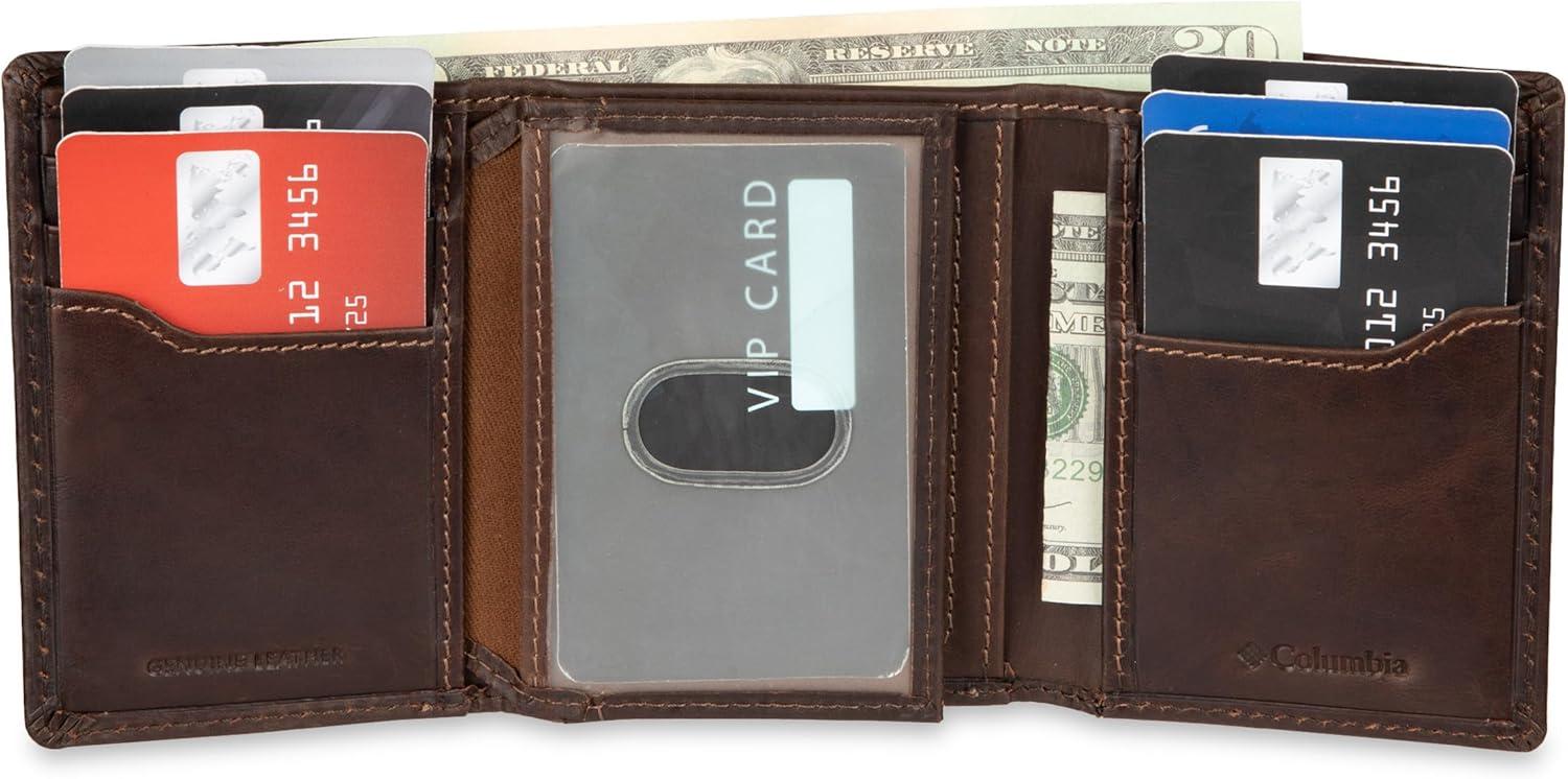 imageDOCKERS Mens Extra Capacity Slim Profile Trifold Wallet with Multiple Card Slots and ID WindowBrown Logo Ornament