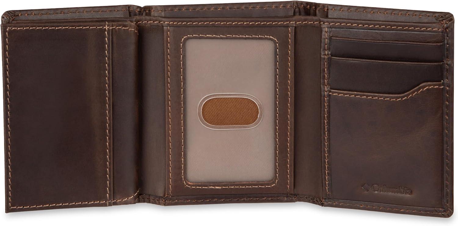 imageDOCKERS Mens Extra Capacity Slim Profile Trifold Wallet with Multiple Card Slots and ID WindowBrown Logo Ornament