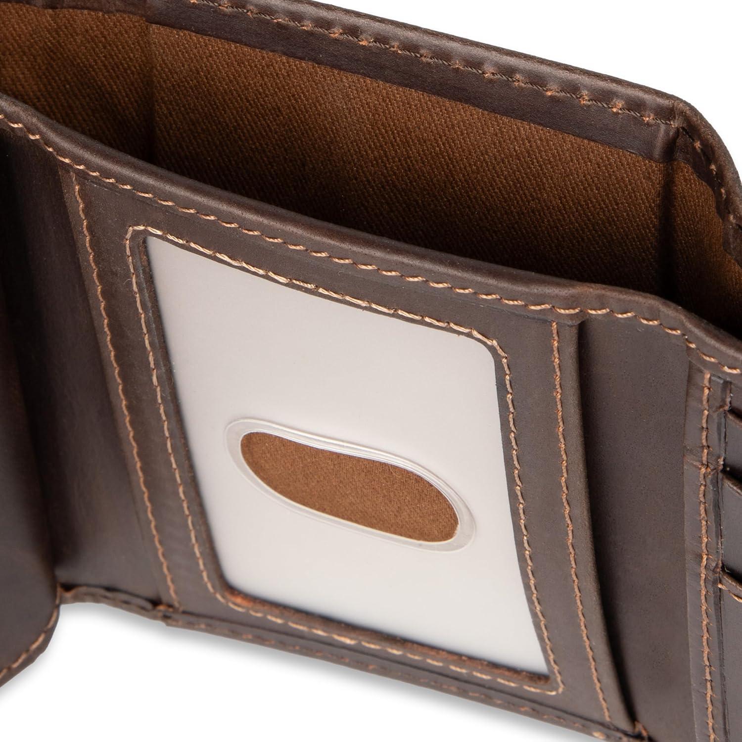 imageDOCKERS Mens Extra Capacity Slim Profile Trifold Wallet with Multiple Card Slots and ID WindowBrown Logo Ornament