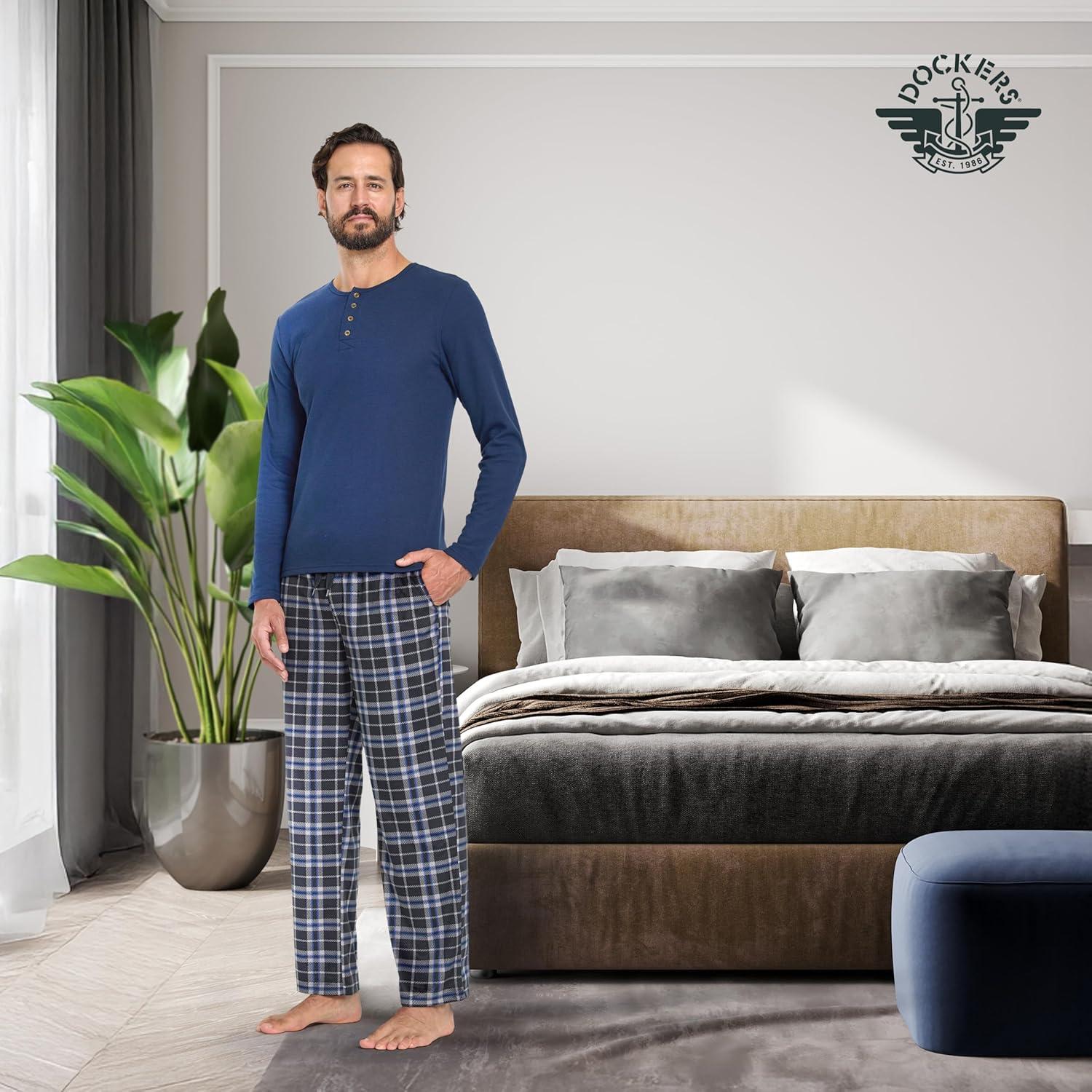 imageDOCKERS Mens Pajama Sets Plaid PJ Pants for Men Lounge Set Long Sleeve Shirt Plaid BottomsNavyBlk