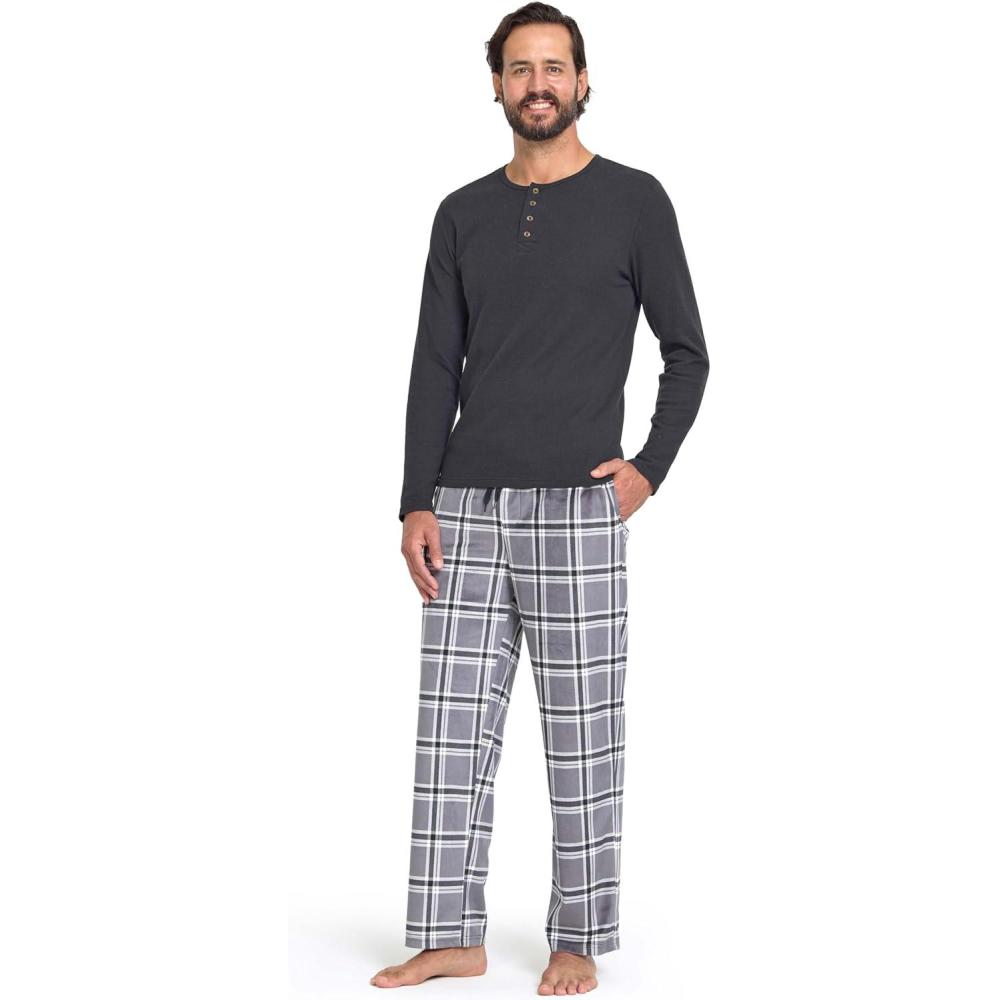 imageDOCKERS Mens Pajama Sets Plaid PJ Pants for Men Lounge Set Long Sleeve Shirt Plaid BottomsBlackGrey