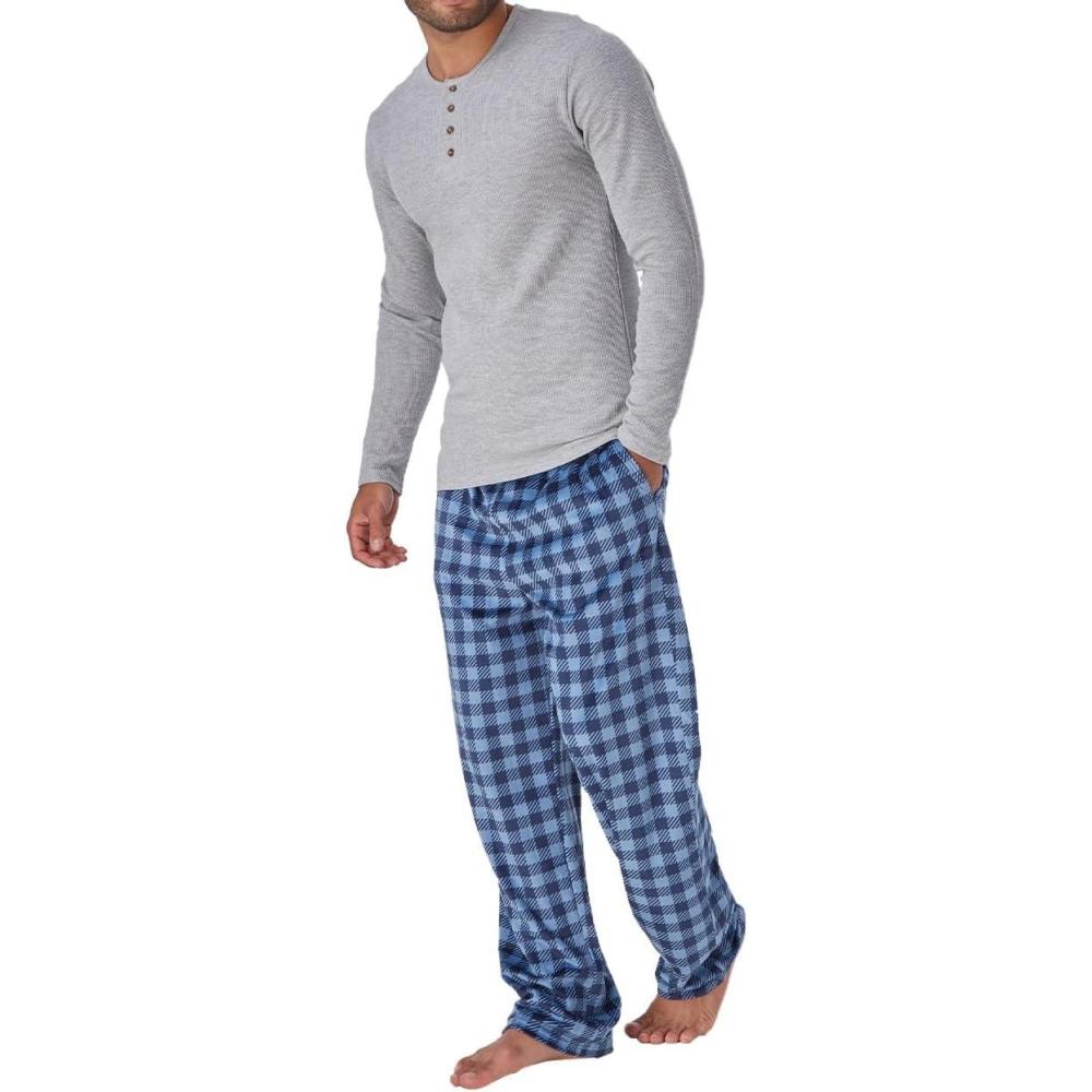 imageDOCKERS Mens Pajama Sets Plaid PJ Pants for Men Lounge Set Long Sleeve Shirt Plaid BottomsHeather Grey