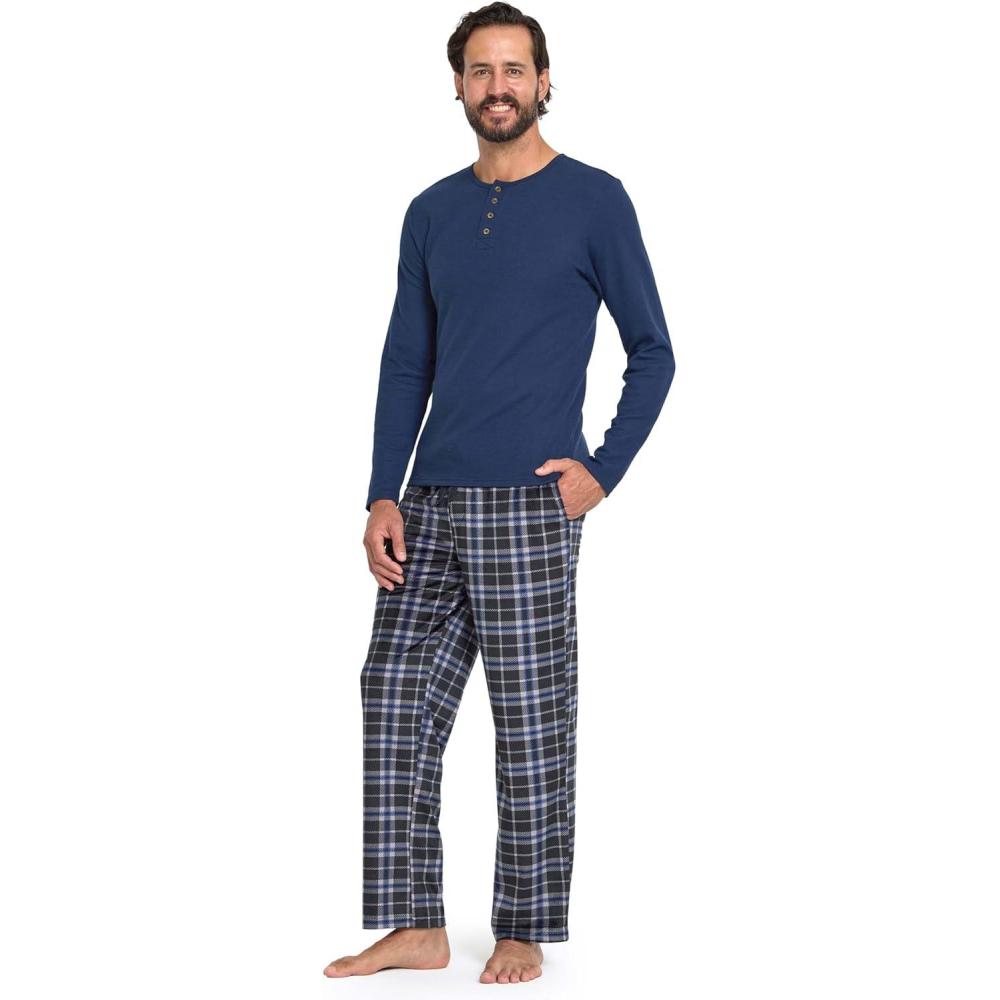 imageDOCKERS Mens Pajama Sets Plaid PJ Pants for Men Lounge Set Long Sleeve Shirt Plaid BottomsNavyBlk