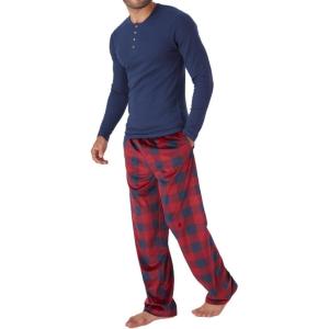 DOCKERS Men’s Pajama Sets, Plaid PJ Pants for Men Lounge Set Long Sleeve Shirt Plaid Bottoms(Navy)