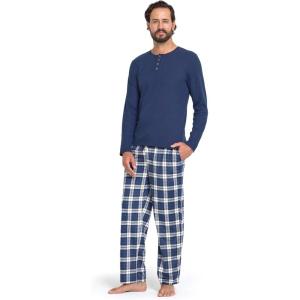 DOCKERS Men’s Pajama Sets, Plaid PJ Pants for Men Lounge Set Long Sleeve Shirt Plaid Bottoms(Navy/Cream)