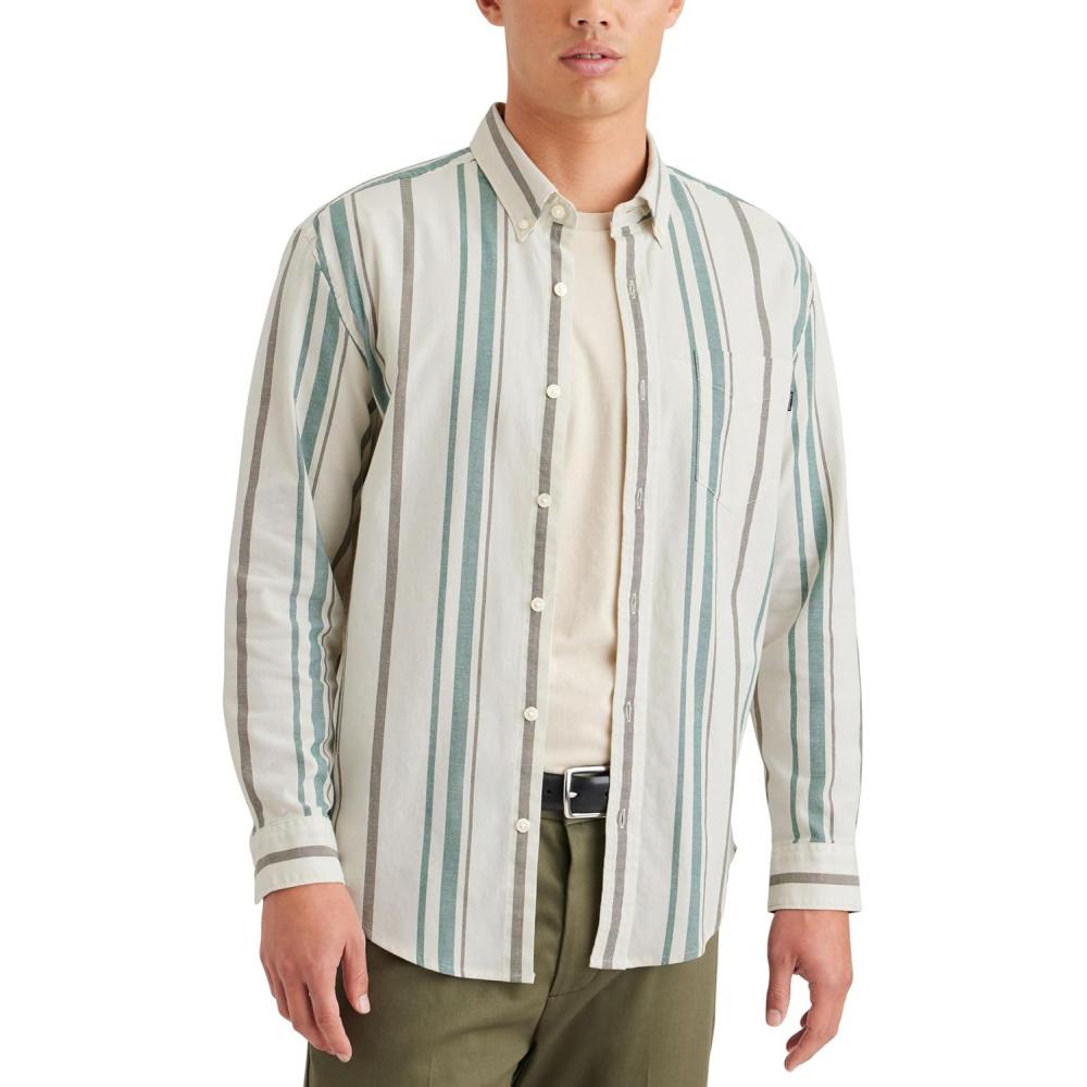 image:imageDockers Mens Regular Fit Long Sleeve Casual Shirt Regular and Big amp TallDune Oxford Egret Stripe