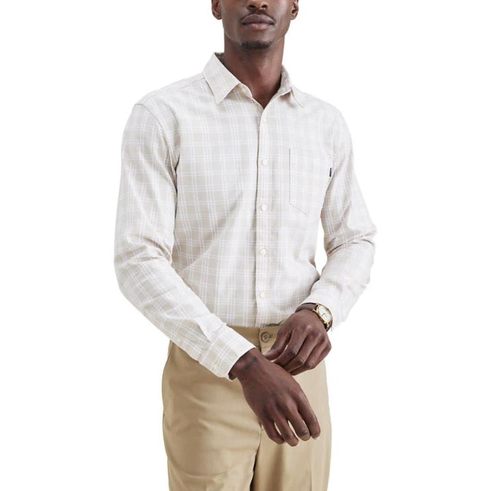 image:imageDockers Mens Regular Fit Long Sleeve Casual Shirt Regular and Big amp TallSahara Khaki Plaid